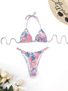 印花掛脖三角杯比基尼泳裝 - 彩色 - 查看 3