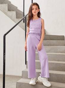 SHEIN Cô gái Tween Slogan Đã vá Thả vai Áo sơ mi & Áo ba lỗ & Quần ống rộng - Nhiều màu - Xem 4