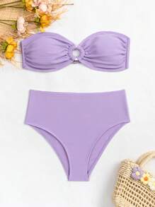 SHEIN Swim Summer Beach Ring Linked Bandeau High Waisted Bikini Set - Mauve Purple - View 7
