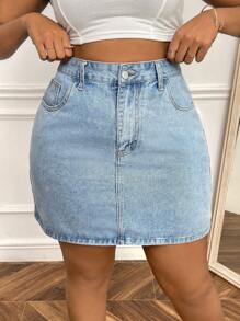 SHEIN SXY Plus Zipper Fly Denim Skirt - Light Wash - View 1