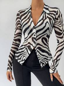 BizChic Women's Autumn Turndown Collar Zebra Striped Button Mesh Blouse (Bra Not Included), Urban Commute Business Casual Outerwear, Suitable For Christmas, Halloween, Party, Wedding Guest - Black and White - View 1