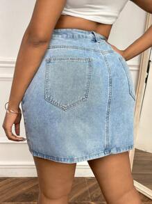SHEIN SXY Plus Zipper Fly Denim Skirt - Light Wash - View 2
