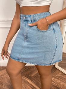 SHEIN SXY Plus Zipper Fly Denim Skirt - Light Wash - View 3