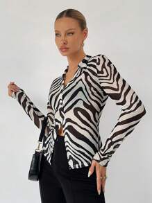 BizChic Women's Autumn Turndown Collar Zebra Striped Button Mesh Blouse (Bra Not Included), Urban Commute Business Casual Outerwear, Suitable For Christmas, Halloween, Party, Wedding Guest - Black and White - View 3