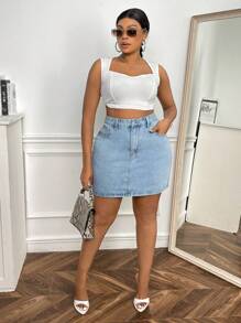 SHEIN SXY Plus Zipper Fly Denim Skirt - Light Wash - View 4