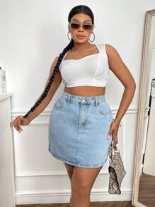 SHEIN SXY Plus Zipper Fly Denim Skirt - Light Wash - View 5