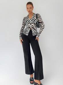 BizChic Women's Autumn Turndown Collar Zebra Striped Button Mesh Blouse (Bra Not Included), Urban Commute Business Casual Outerwear, Suitable For Christmas, Halloween, Party, Wedding Guest - Black and White - View 5