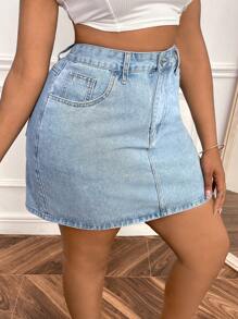 SHEIN SXY Plus Zipper Fly Denim Skirt - Light Wash - View 6