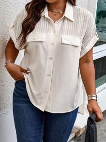 SHEIN LUNE Plus Flap Detail Batwing Sleeve Shirt - Apricot - View 1