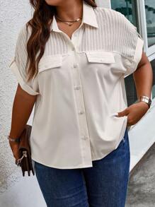 SHEIN LUNE Plus Flap Detail Batwing Sleeve Shirt - Apricot - View 5