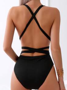 Swim Basics 素色深V領十字交叉前打結連體泳衣 - 黑色 - 查看 2