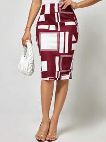 SHEIN Clasi In Địa lý Váy bút chì - Màu Đỏ Sâu - Xem 1