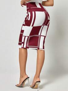 SHEIN Clasi In Địa lý Váy bút chì - Màu Đỏ Sâu - Xem 2