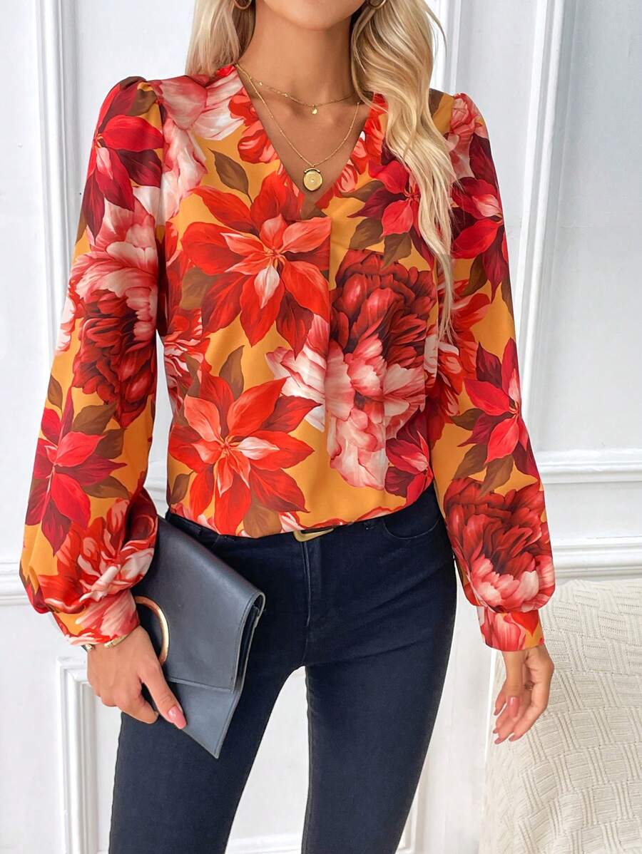 SHEIN Clasi In hoa Tay áo lồng đèn Áo sơ mi - Nhiều màu - Xem 1