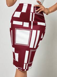 SHEIN Clasi In Địa lý Váy bút chì - Màu Đỏ Sâu - Xem 4