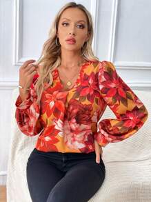 SHEIN Clasi In hoa Tay áo lồng đèn Áo sơ mi - Nhiều màu - Xem 4