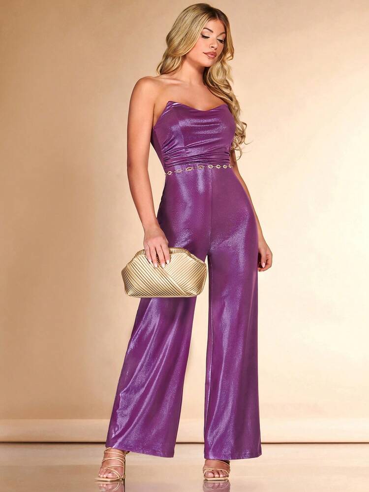 SHEIN BAE Combinaison Bustier À Col Drapé Métallique (Sans Ceinture) - Prune - Voir 4