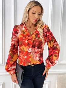 SHEIN Clasi In hoa Tay áo lồng đèn Áo sơ mi - Nhiều màu - Xem 5