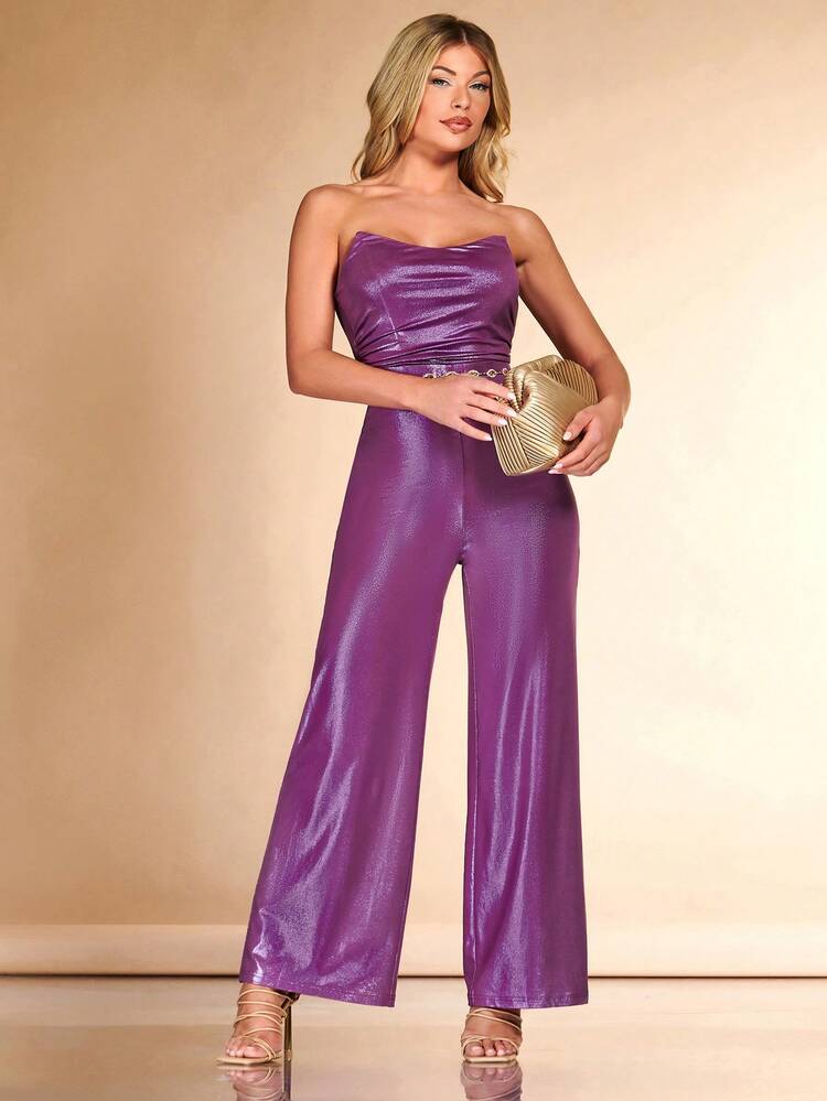 SHEIN BAE Combinaison Bustier À Col Drapé Métallique (Sans Ceinture) - Prune - Voir 5