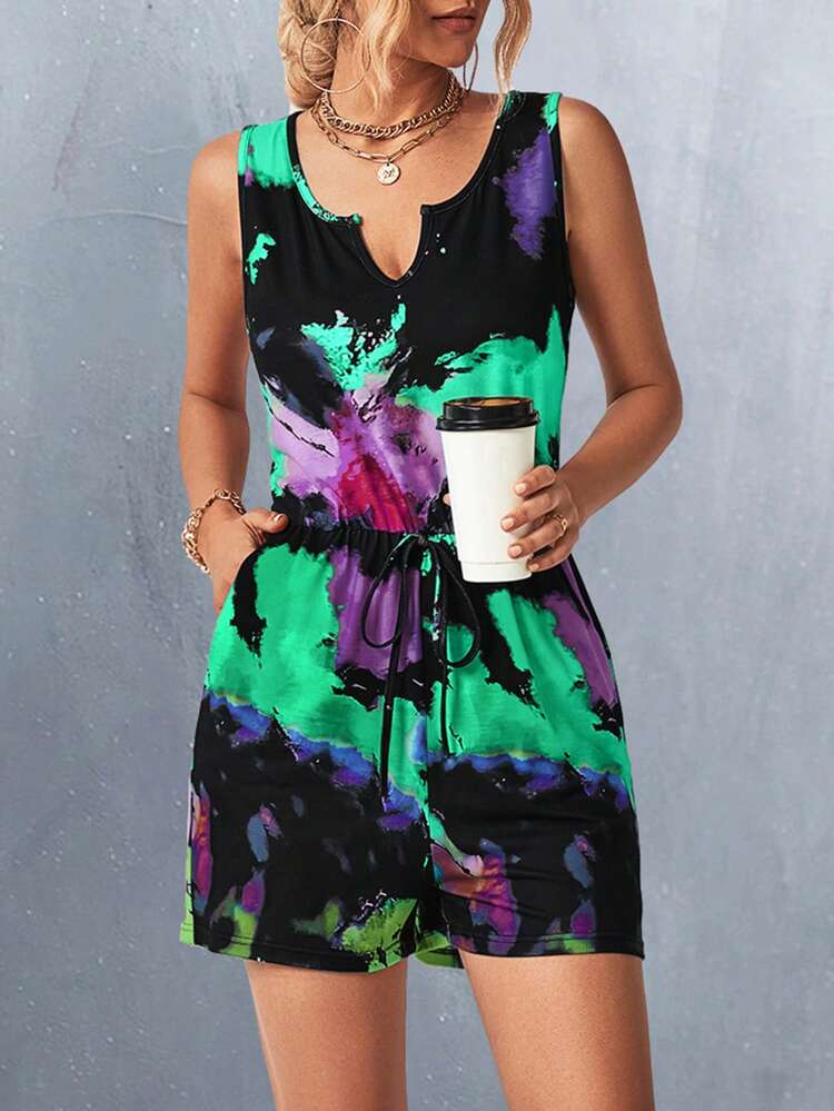 SHEIN LUNE Combishort tie dye À Nœud À Poche - Vert - Voir 3