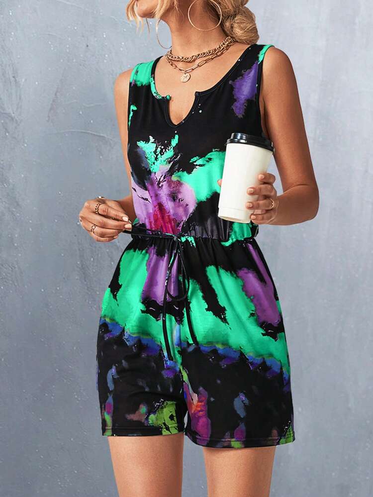 SHEIN LUNE Combishort tie dye À Nœud À Poche - Vert - Voir 4