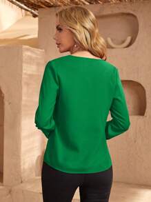 SHEIN Clasi 缺口領素色襯衫 - 綠色 - 查看 2