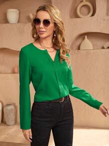 SHEIN Clasi 缺口領素色襯衫 - 綠色 - 查看 3