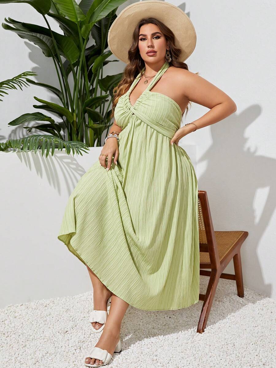 SHEIN VCAY Plus Tie Backless Halter Neck Dress - Green - View 1