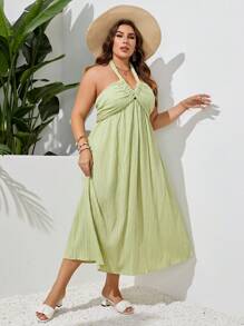 SHEIN VCAY Plus Tie Backless Halter Neck Dress - Green - View 3