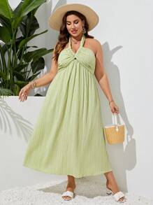 SHEIN VCAY Plus Tie Backless Halter Neck Dress - Green - View 5