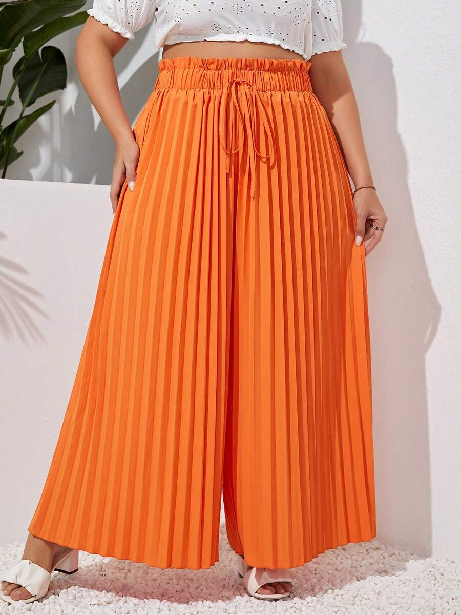 SHEIN VCAY 大碼紙袋腰百褶闊腿褲 - 橘色 - 查看 1