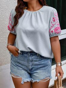 SHEIN LUNE Plus Floral Embroidery Puff Sleeve Blouse - Dusty Blue - View 1