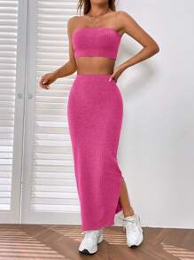 SHEIN EZwear Chất rắn Áo Tube Crop & Chia bên Váy - Màu Hồng Tươi - Xem 1