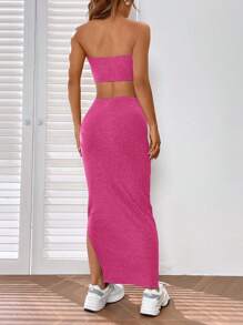 SHEIN EZwear Chất rắn Áo Tube Crop & Chia bên Váy - Màu Hồng Tươi - Xem 2