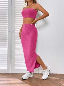 SHEIN EZwear Chất rắn Áo Tube Crop & Chia bên Váy - Màu Hồng Tươi - Xem 4