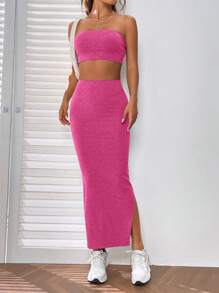 SHEIN EZwear Chất rắn Áo Tube Crop & Chia bên Váy - Màu Hồng Tươi - Xem 5