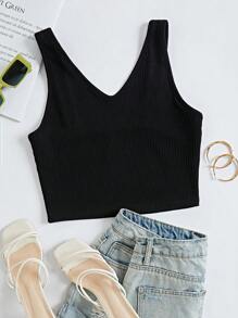 SHEIN Essnce 素色條紋針織短款背心 - 黑色 - 查看 1