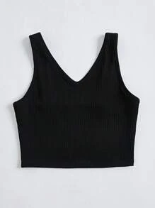 SHEIN Essnce 素色條紋針織短款背心 - 黑色 - 查看 3