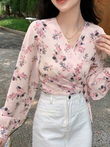 DAZY Floral Print Knot Side Wrap Blouse Long Sleeve Top - Pink - View 1
