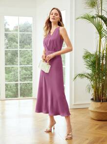 MOTF PREMIUM 腰帶褶邊魚尾連衣裙 - 紫色 - 查看 6