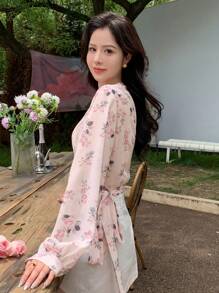 DAZY Floral Print Knot Side Wrap Blouse Long Sleeve Top - Pink - View 2