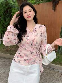 DAZY Floral Print Knot Side Wrap Blouse Long Sleeve Top - Pink - View 3