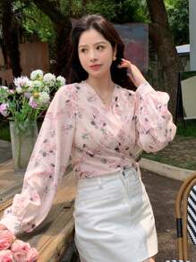 DAZY Floral Print Knot Side Wrap Blouse Long Sleeve Top - Pink - View 4