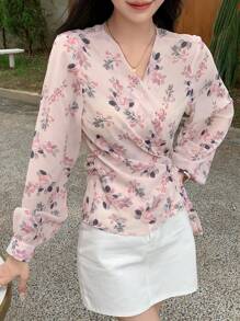DAZY Floral Print Knot Side Wrap Blouse Long Sleeve Top - Pink - View 6