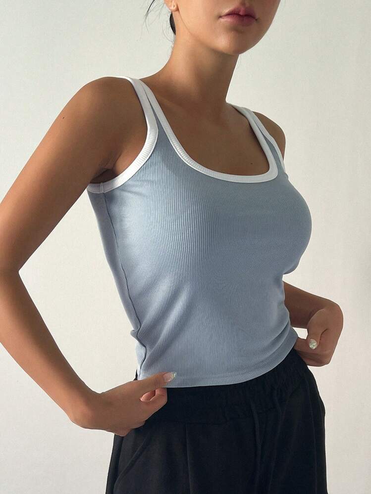 DAZY Contrast Binding Wide Strap Top Tank Tops - Blue - View 1