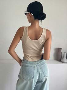 DAZY Áo khoác và áo lót dành cho xe tăng nữ Bất đối xứng Gân đan màu trơn Giải trí - Màu be - Xem 2