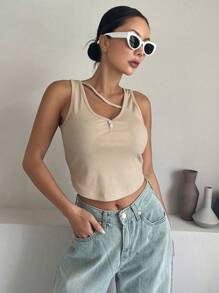 DAZY Áo khoác và áo lót dành cho xe tăng nữ Bất đối xứng Gân đan màu trơn Giải trí - Màu be - Xem 3
