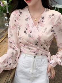 DAZY Floral Print Knot Side Wrap Blouse Long Sleeve Top - Pink - View 8