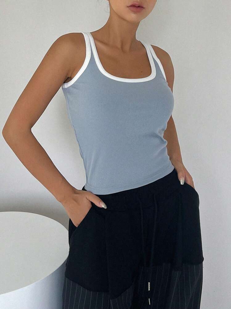 DAZY Contrast Binding Wide Strap Top Tank Tops - Blue - View 4