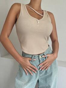 DAZY Áo khoác và áo lót dành cho xe tăng nữ Bất đối xứng Gân đan màu trơn Giải trí - Màu be - Xem 7